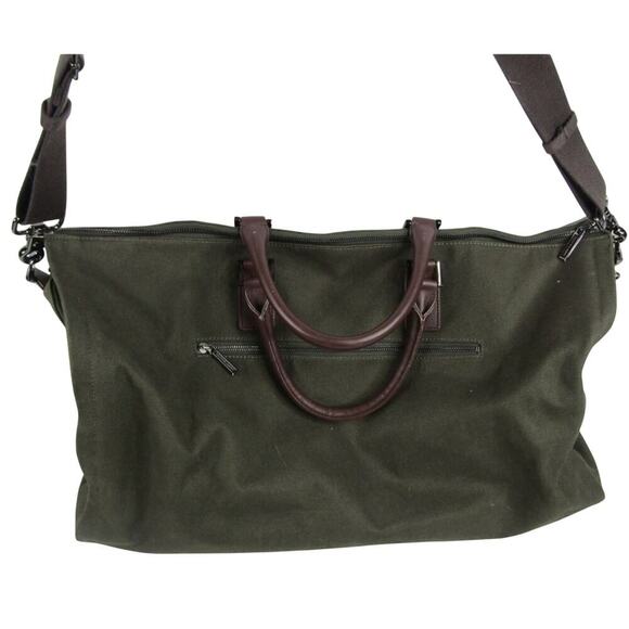 Hook & Albert Twill Garment Weekender Bag Green Canvas Leather Duffle- Rare - Picture 5 of 11